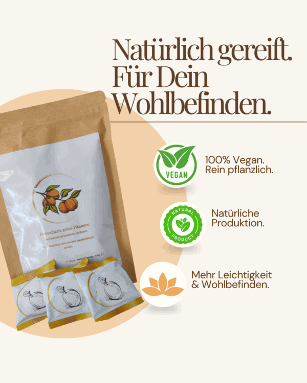 Bio-vegane fermentierte Pflaumen, natürliche Produktion, leicht und wohltuend für das Wohlbefinden.