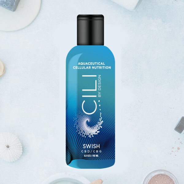 Ein blauer Flascheninhalt mit "Aquaceutical Cellular Nutrition" und "CBD" für hochwertige Hautpflege und CBD-Ernährung im Online-Shop.