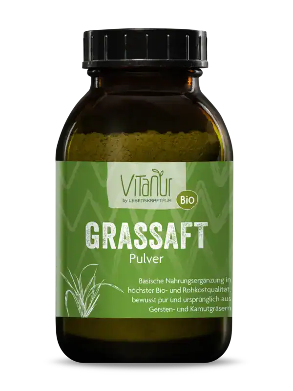 Bio Gras-Saft Pulver – natürliche Nahrungsergänzung, aus Bio-Rohkost, ideal für eine gesunde Ernährung, aus Gersten- und Kamutgräsern, vegan, hochdosiert, reines Superfood.