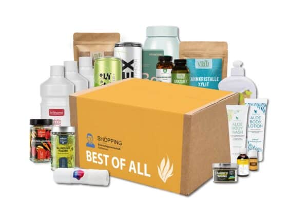 Vielfalt an Nahrungsergänzungsmitteln, Naturkosmetik und Wellness-Produkten im DaHannes Shopping Paket.