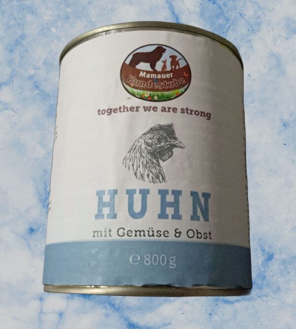 Dosenhuhn mit Gemüse und Obst, artgerechte Tiernahrung, hochwertiges Hühnerfleisch, nachhaltige Hundeernährung, Hundesnack für gesunde Ernährung.
