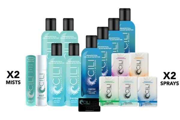 Erfrischende Cilium Aquaceutical Zellnahrung im Set mit 4 Flaschen und 4 Sprays, ideal für nachhaltige Hautpflege, Cannabis & CBD.