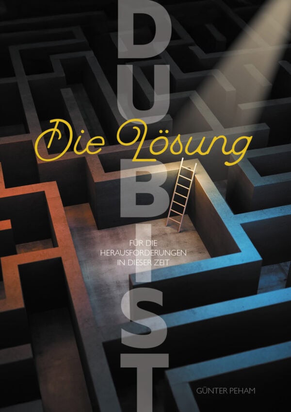 Buchcover des Buches "DIE Lösung für die Herausforderungen dieser Zeit" mit einem Labyrinth-Design, das symbolisch für komplexe Probleme und deren Lösungen steht.
