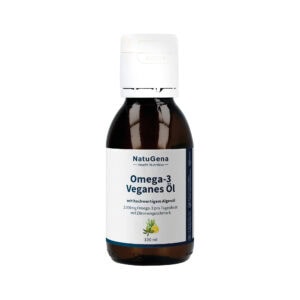 Veganes Omega-3 Öl mit hochwertigem Algenöl, 2200mg pro Tagesdosis, Zitronengeschmack, ideal für eine gesunde Ernährung, 100ml Flasche.