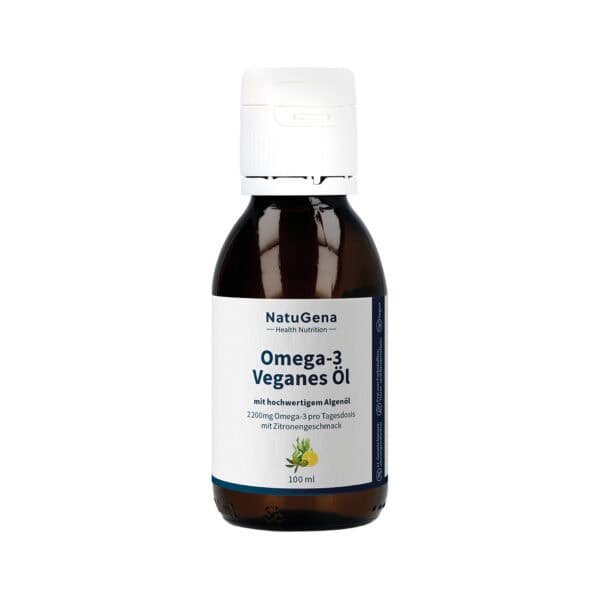 Veganes Omega-3 Öl mit hochwertigem Algenöl, 2200mg pro Tagesdosis, Zitronengeschmack, ideal für eine gesunde Ernährung, 100ml Flasche.