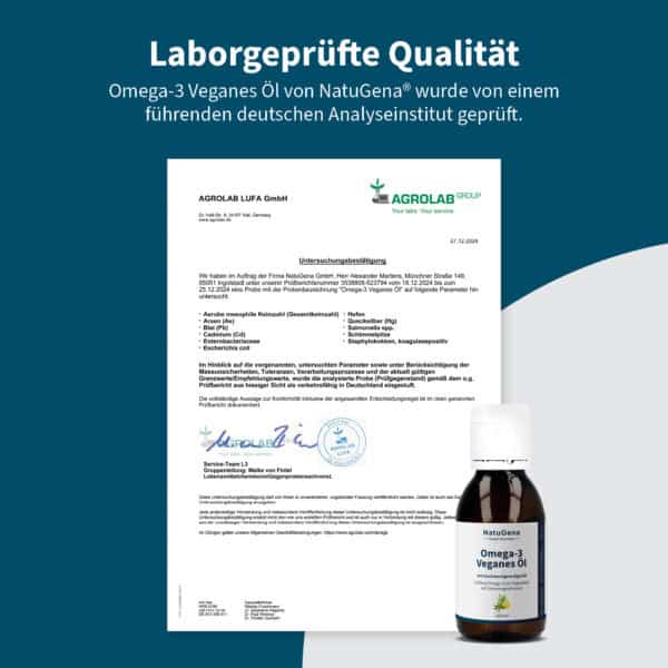Laborexistenz von Omega-3 Veganes Öl, geprüft vom deutschen Analyseinstitut, hochwertige vegane Nahrungsergänzung, NatuGena Omega-3.