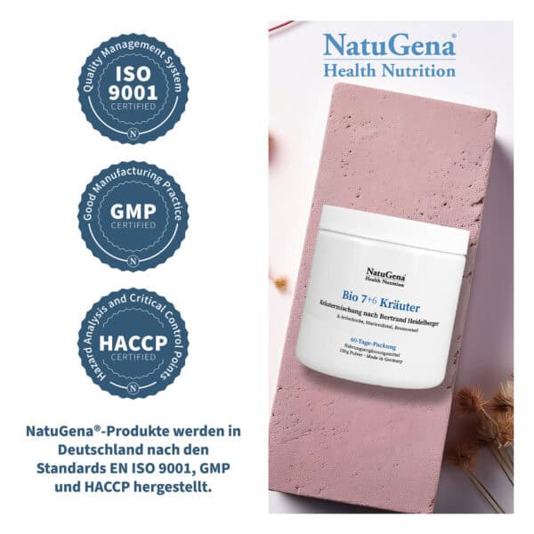 Hochwertiges Nahrungsergänzungsmittel mit Bio 7+6 Kräuter nach Bertrand Heidelberger, 60-Tage-Paket, made in Germany.