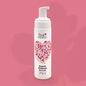 Hautfreundlicher Duschschaum mit Herzmotiven, ideal für ein liebevolles Duscherlebnis, inspiriert von Bergliebe, perfekt für die Pflege und den Genuss in der Dusche.