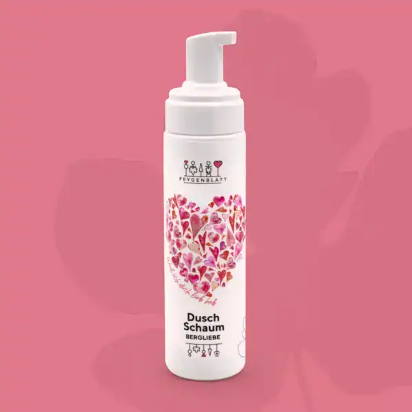 Hautfreundlicher Duschschaum mit Herzmotiven, ideal für ein liebevolles Duscherlebnis, inspiriert von Bergliebe, perfekt für die Pflege und den Genuss in der Dusche.