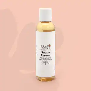 Flasche mit Saunaessenz aus dem Kräutergarten, ideal für entspannende Saunagänge und Aromatherapie, fördert Wohlbefinden und Entspannung.
