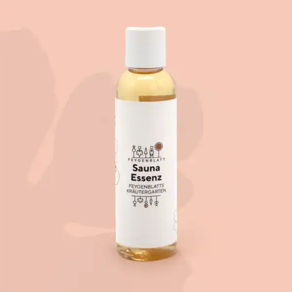 Flasche mit Saunaessenz aus dem Kräutergarten, ideal für entspannende Saunagänge und Aromatherapie, fördert Wohlbefinden und Entspannung.