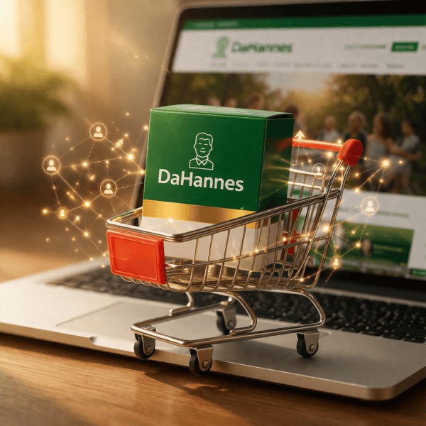 Einkaufswagen mit DaHannes-Produktbox vor Laptop, symbolisiert Online-Shopping und Empfehlungen im Rahmen des DaHannes Umsatz- & Empfehlungsplatzes.