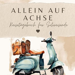 Illustration eines Vintage-Scooters mit Gepäck, passend zum Reisetagebuch für Soloreisende, ideal für Abenteurer und Alleinreisende, die ihre Reiseerlebnisse festhalten möchten.