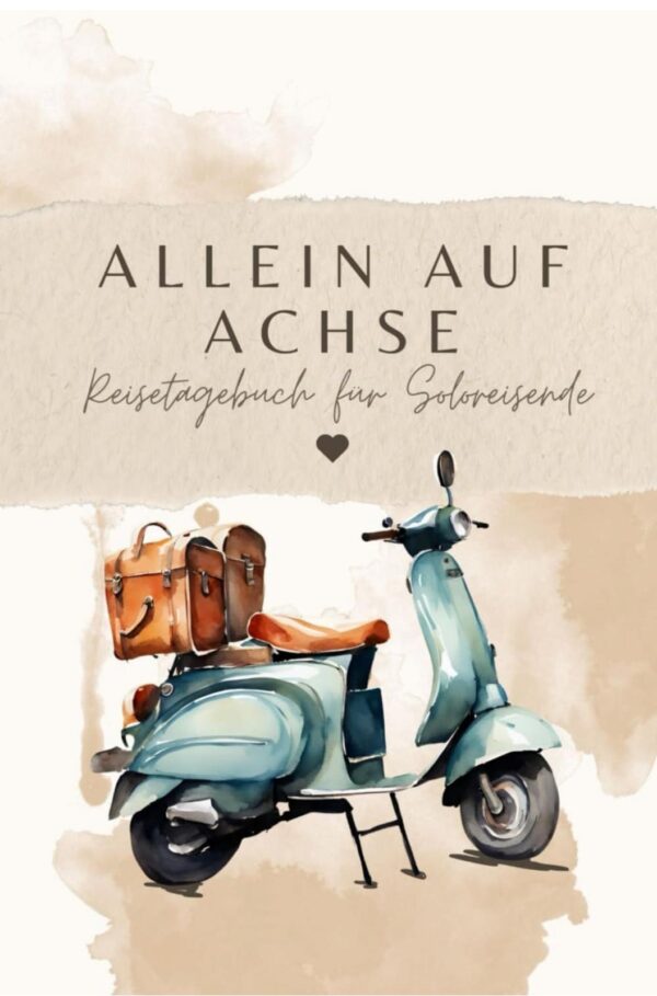 Illustration eines Vintage-Scooters mit Gepäck, passend zum Reisetagebuch für Soloreisende, ideal für Abenteurer und Alleinreisende, die ihre Reiseerlebnisse festhalten möchten.